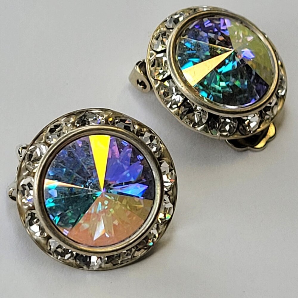 Aurora Borealis Clip On Earrings, 22mm Clear or Arurora Boreali ClipOns Earrings